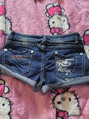 Rocawear Dark Blue Embroidered Denim Roll-Hem Shorts